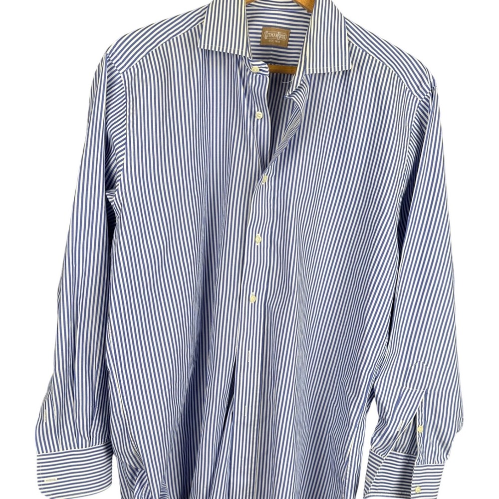 Gitman Bros Mens Dress Shirt Blue White Stripe 100% Cotton 16.5 34 Made in USA